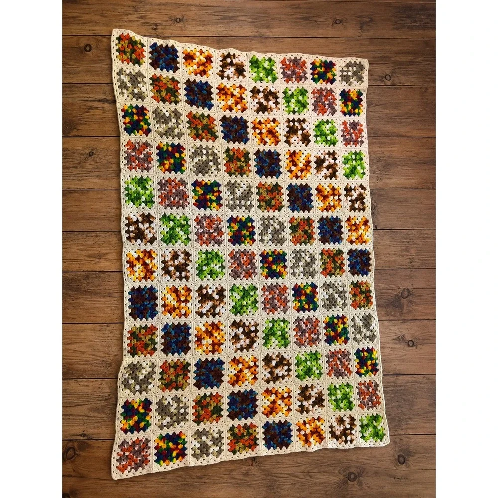 Vintage Handmade Granny Square Crochet Blanket Patchwork Throw Boho Cottagecore